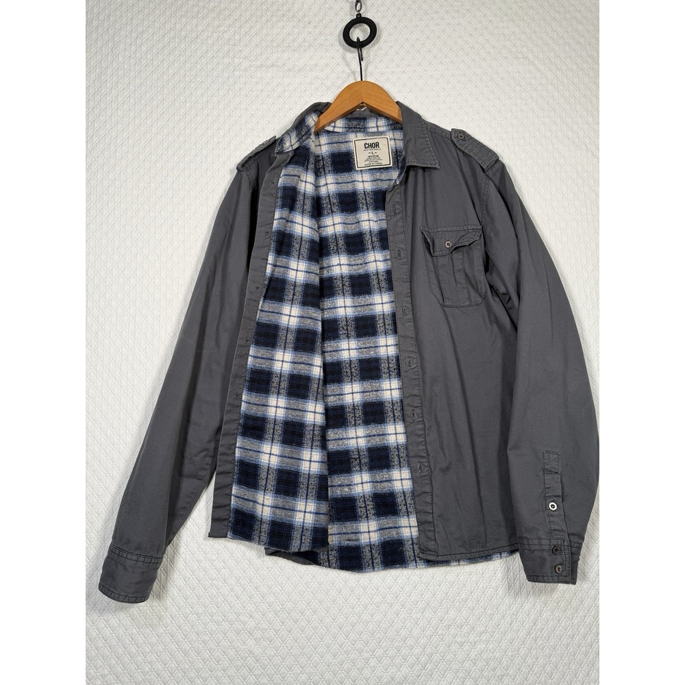 CHOR Mens L Gray Blue Plaid Flannel Lined Long Sleeve Button Up Work Shirt Chore